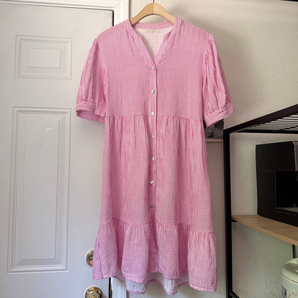 ANDROMEDE Paris pink white striped seersucker puff short‎ sleeve mini dress